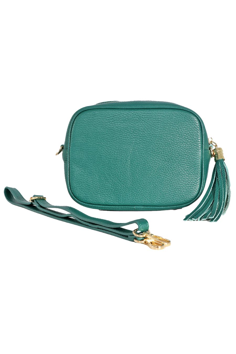 emerald green pebbled crossbody bag with a detachable strap and gold hardware