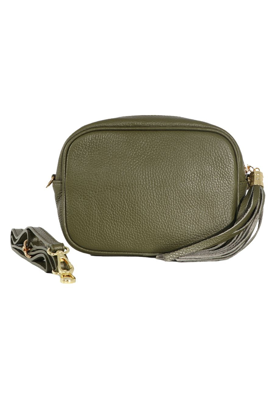 khaki green crossbody bag with detachable strap, tassel and gold hardware