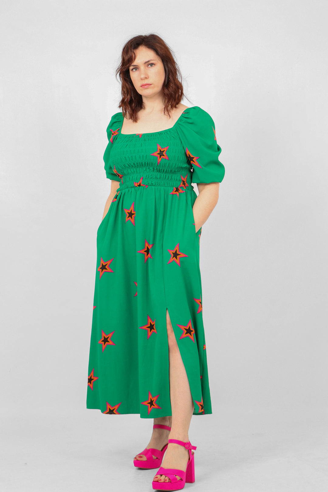 Green Star Outline Print Milkmaid Dress
