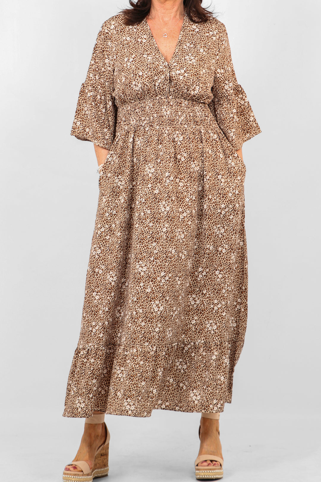 Animal and Floral Shirred Waist Maxi Dress