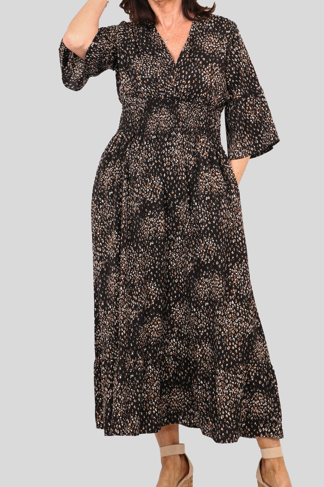 Speckled Animal Print Shirred Waist Maxi Dress